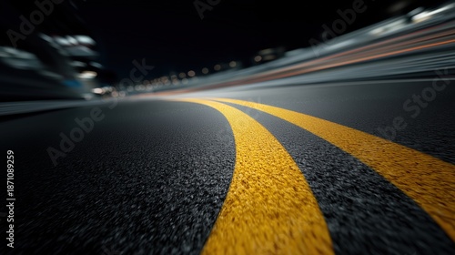 Route asphaltée avec lignes jaunes dans un virage en mouvement nocturne