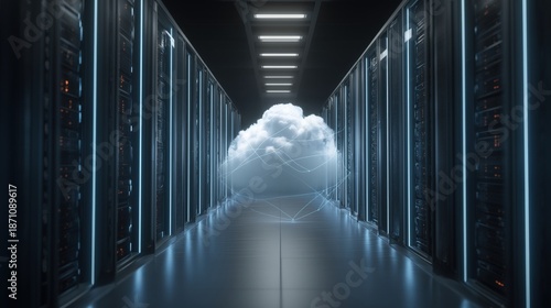 Cloud Computing Concept with Server Racks and Connected Light Lines