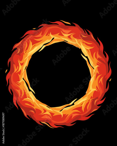 A vivid and dynamic fiery ring illustration on a black background, symbolizing energy, intensity, and passion, perfect for design projects needing a bold visual element