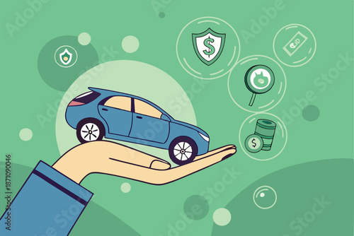Car insurance concept, miniature blue car, open palm, floating icons, green bokeh background, nature setting, digital composite, macro photography, financial protection, vehicle safety, insurance s