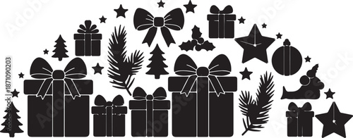 Black and white holiday themed with Christmas presents trees stars and bows wrapped gifts