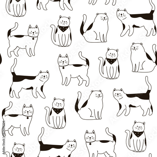 Seamless pattern with outline cats. Funny cats in different poses. Flat graphic vector illustration isolated on white background. Monochrome print with cats.