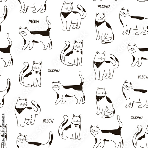 Seamless pattern with outline cats. Funny cats in different poses. Flat graphic vector illustration isolated on white background. Monochrome print with cats.