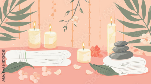 Spa still life with candles, towel, bamboo leaves, stones and flower petals arrangement