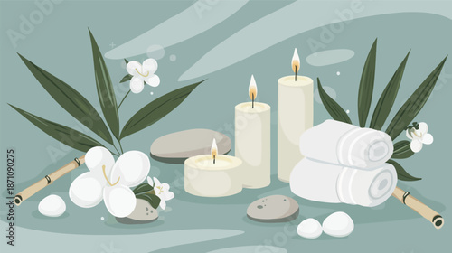 Spa still life with candles, towel, bamboo leaves, stones and flower petals arrangement