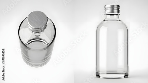 A clear glass bottle and its cap on a white background