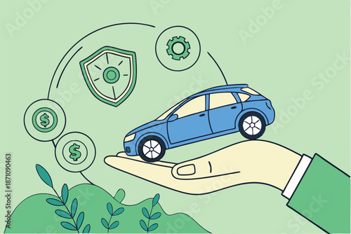 Car insurance concept, miniature blue car, open palm, floating icons, green bokeh background, nature setting, digital composite, macro photography, financial protection, vehicle safety, insurance s