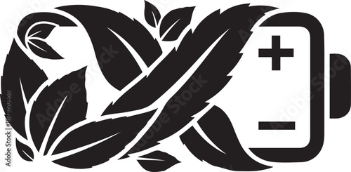 Black battery symbol with green leaves and plus minus signs power energy