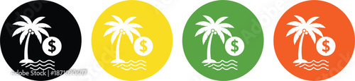 Offshore Banking and Tropical Investment Icon Set Featuring Palm Tree Island with Dollar Currency Symbols for Global Finance, Tax Haven, and Wealth Management Concepts