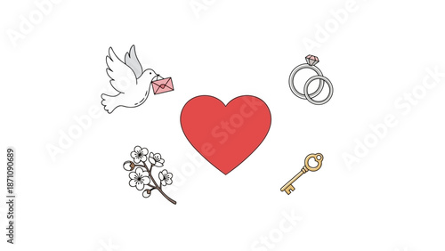 Illustration of heart surrounded by love symbols and a dove holding an envelope