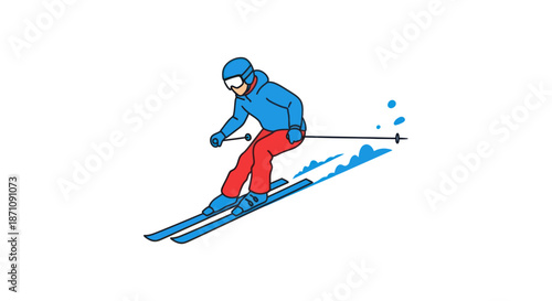 Dynamic illustration of a skier in action wearing blue jacket and red pants.