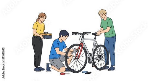 Three People Repairing a Silver Bicycle Together.