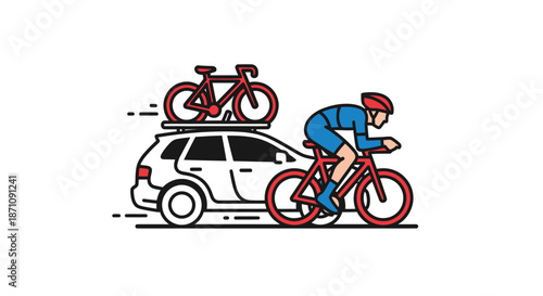 Cyclist riding alongside car with bicycle on roof rack vector illustration.