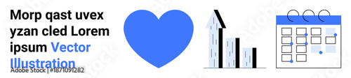 Business analytics, data visualization, planning tools, financial growth, healthcare campaigns, marketing strategies. Blue heart, upward graph and calendar graphic. Business analytics and data