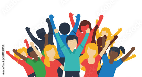 Diverse group of people celebrating with raised arms in unity.