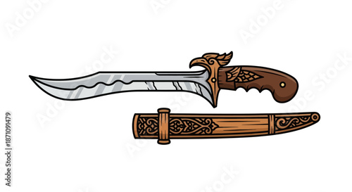 Ornate Eagle Head Dagger with Curved Blade and Wooden Sheath.