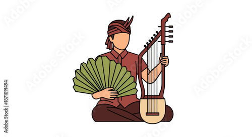 Indonesian Musician Holding a Kecapi and Fan Sitting Down.