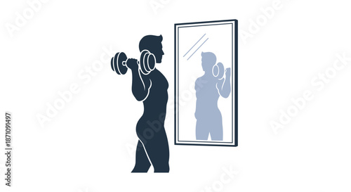 Silhouette of a Man Lifting Dumbbell Exercising in Front of Mirror.