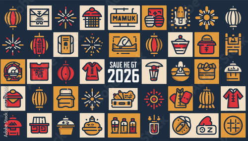 Chinese New Year icons and symbols collection for festive celebrations.