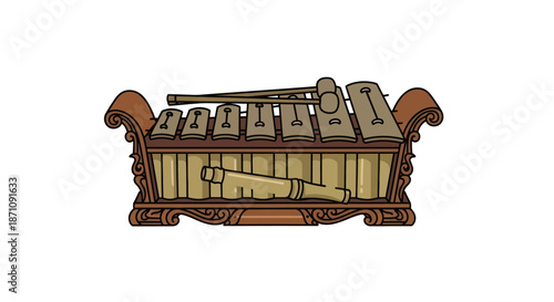 Traditional Indonesian Gamelan Instrument with Wooden Frame and Metal Keys.