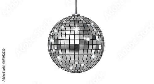 Shiny Silver Disco Ball Hanging Against White Background.