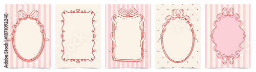 Trendy Vintage coquette ribbon frames and borders set. Doodle hand drawn romantic design template for Valentine’s Day celebration,  greeting card, wedding invitation, birthday, poster, menu