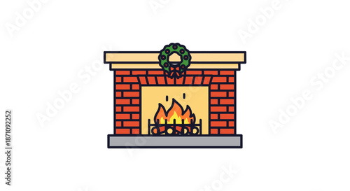 Festive Brick Fireplace with Burning Flames and Christmas Wreath.
