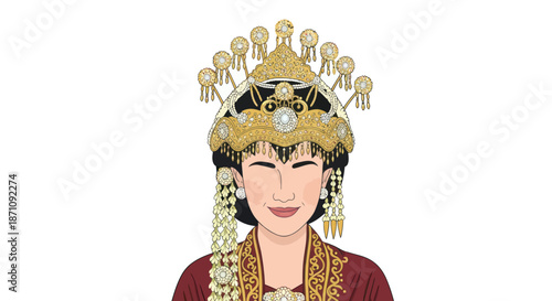 Javanese Bride Illustration with Golden Headdress and Traditional Attire.