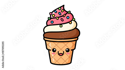 A cartoon ice cream cone with a smiling face and colorful toppings.