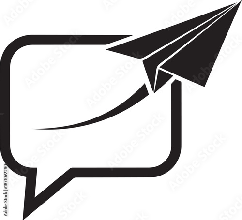 Black paper airplane emerging from a rounded square speech bubble with a curved trail communication