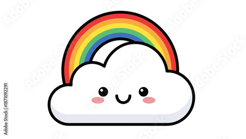 A cartoon cloud with a smiling face and a rainbow arching over it