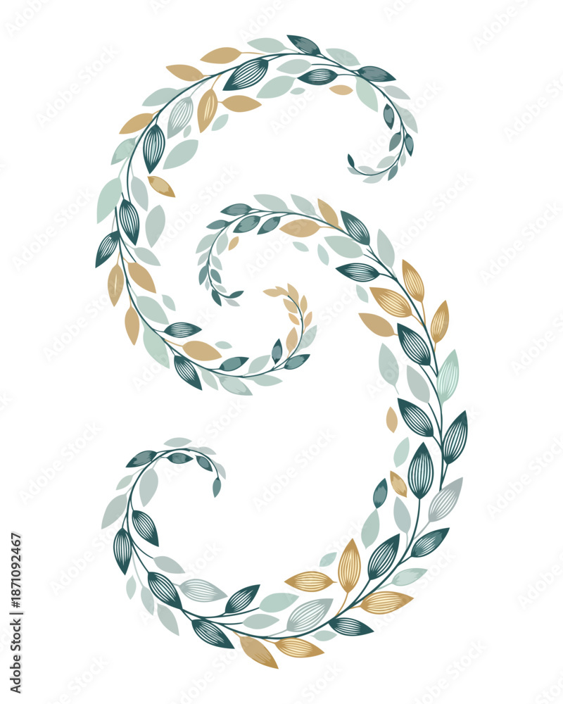 Fototapeta premium Elegant Swirl of Green and Gold Leaves Forming a Decorative Flourish on a White Background, Artistic Botanical Design Element