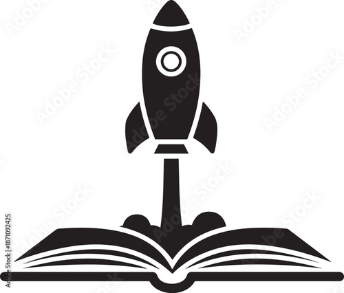 Black rocket launching from open book silhouette on white background space education