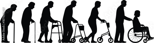 Silhouettes of elderly people using mobility aids including canes, walkers, rollators, and a wheelchair