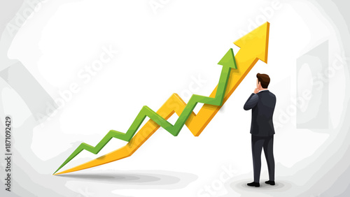 Businessman in suit looking at large upward trending arrows