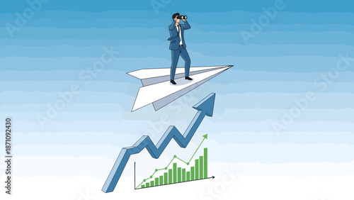 Businessman in blue suit stands on paper airplane looking through binoculars with rising graph