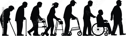 Silhouettes of elderly people using mobility aids including canes, walkers, and wheelchairs