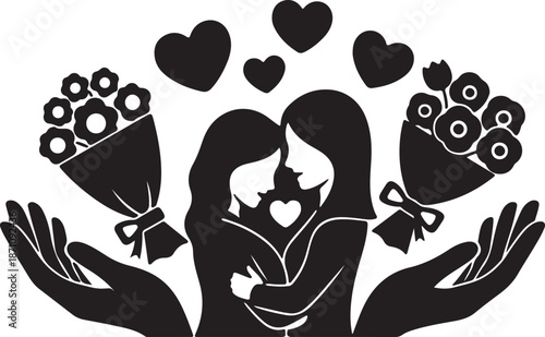 Black and white of a mother holding a child with flowers and hearts around them love family