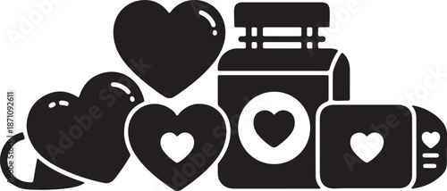 Black and white of a train with hearts and a heart-shaped container