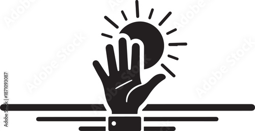 Black silhouette of a hand reaching up to touch a stylized sun with radiating lines on a white background with horizontal lines below