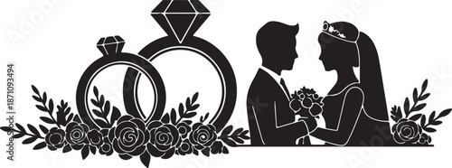 Black and white of bride and groom holding flowers with rings and floral decorations wedding