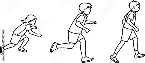 Line art illustration of active children running and playing depicting physical education healthy lifestyle and childhood development concepts