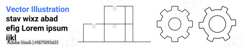Stacked block arrangement beside two cogwheels. Ideal for engineering, industry, automation, teamwork, structure, mechanics simple landing page. Line metaphor. Simple line icons
