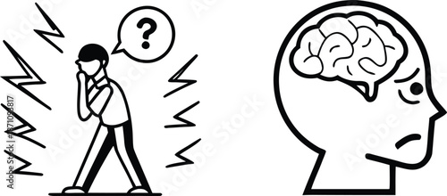 Conceptual vector illustration set depicting mental stress and confusion with a stressed man surrounded by lightning bolts and a human head profile with a visible brain