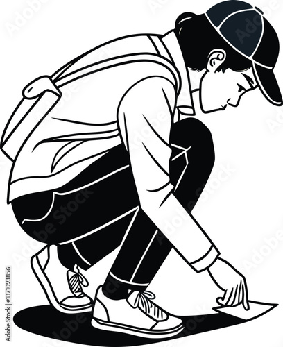 Minimalist line art illustration of a young man crouching down to pick up or examine a document on the ground featuring a backpack and baseball cap in a clean graphic style