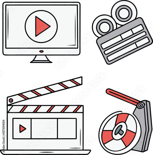 Set of stylized video production and cinema vector icons featuring computer monitor, film reel, clapperboard, and movie camera equipment for multimedia design projects