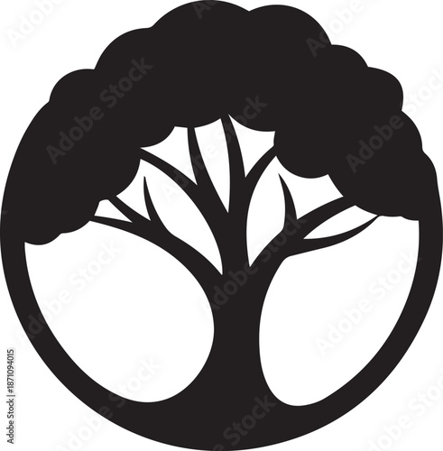 Black silhouette of a stylized tree with a circular border and branching limbs against a white background