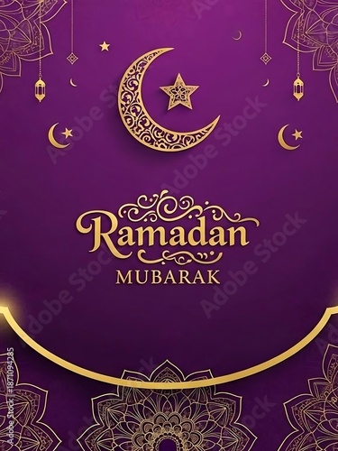 Ramadan Mubarak Greeting Card with Crescent Moon.
