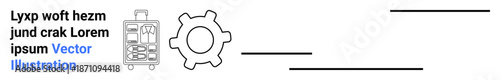 Engineering, technology, industrial automation, manufacturing, design process, machinery innovation. A gear icon next to factory equipment. s engineering and industrial automation ideas