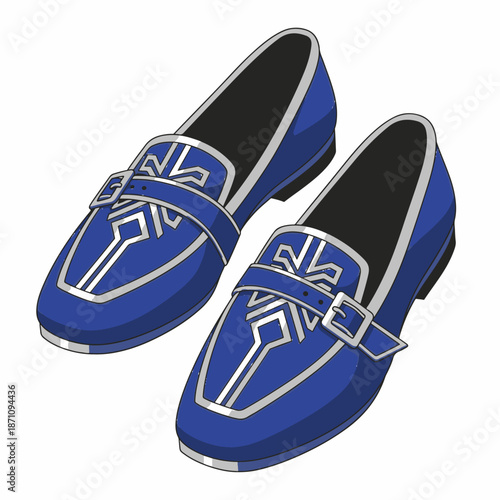 Pair of blue leather loafers with decorative buckles and silver trim